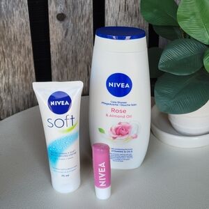 NIVEA trio set: rose & almond oil shower cream, moisturizer & lip balm